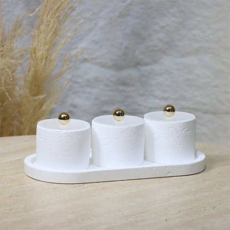 طقم/4 صينية  بيضاوي + 3 مضايف مدور جبص ابيض غطا اكرلك شفاف EL45/14 =ط57