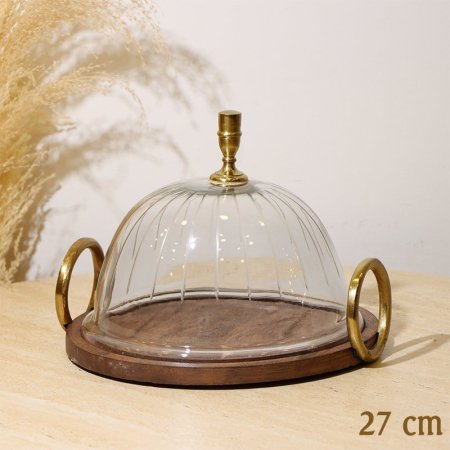 جاط كيك مدور 27سم 8239116 غطا زجاج محزز قاعدة خشب هندي بيدين حلقة %ه10