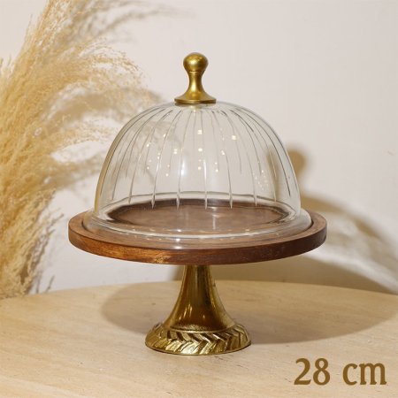جاط كيك مدور 28سم 8239117 غطا زجاج محزز قاعدة ورجل نحاس خشب هندي  %ه10