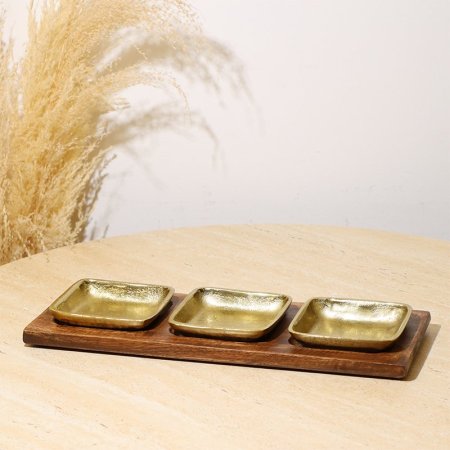 طقم/4 صينية خشب + 3 صحون مكسرات 8239142 نحاس هندي %ه10