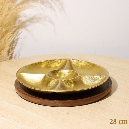 طقم/2 صينية مدور 28سم خشب +صحن مكسرات مقسم 5عين 8239144 نحاس هندي %ه10