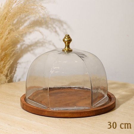 جاط كيك مدور 30سم 8239147 غطا زجاج سداسي قاعدة خشب هندي %ه10