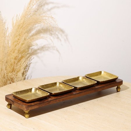 طقم/5 صينية خشب + 4 صحون مكسرات 8239155 مشرف نحاس هندي %ه10