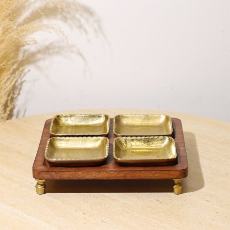 طقم/5 صينية مربع خشب + 4 صحون مكسرات 8239156 مشرف نحاس هندي %ه10