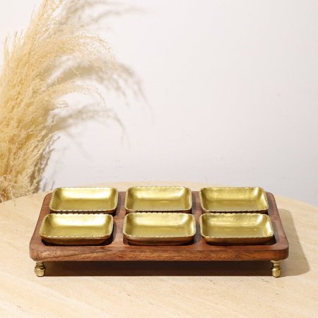 طقم/7 صينية خشب + 6 صحون مكسرات 8239157 مشرف نحاس هندي %ه10