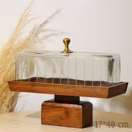 جاط كيك مستطيل 40*17سم 8239165 غطا زجاج محزز قاعدة ورجل نحاس خشب هندي  %ه10