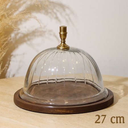 جاط كيك مدور 27سم 8239166 غطا زجاج محزز قاعدة خشب هندي %ه10