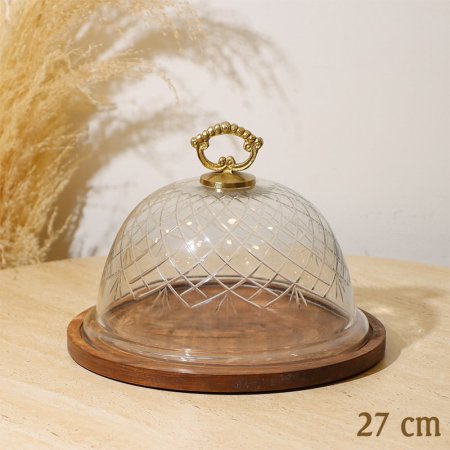 جاط كيك مدور 27سم 8239174 غطا زجاج محزز قاعدة خشب هندي %ه10