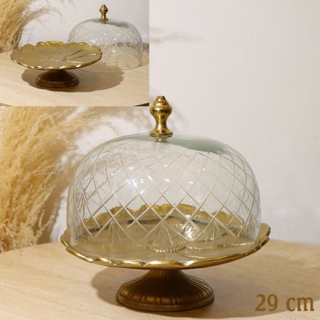 جاط كيك مدور 29سم 8239208 غطا زجاج قاعدة مشرف ورجل نحاس هندي %ه10