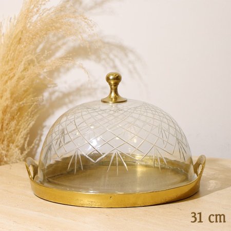 جاط كيك مدور 31سم 8239209 غطا زجاج بيدين قاعدة نحاس هندي %ه10