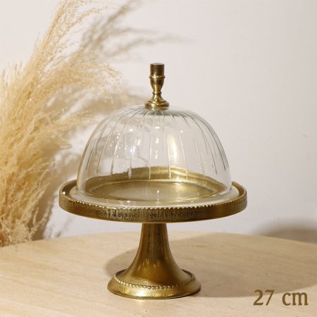 جاط كيك مدور 27سم 8239214 غطا زجاج قاعدة ورجل نحاس هندي %ه10
