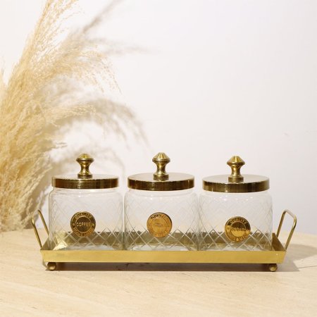 طقم/4 صينية مستطيل + 3 مطربان زجاج محزز 8239235  غطا نحاس هندي %ه10