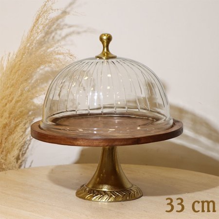 جاط كيك مدور 33سم 8239284 غطا زجاج محزز قاعدة ورجل نحاس خشب هندي  %ه10