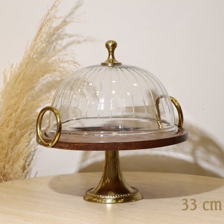 جاط كيك مدور 33سم 8239289 غطا زجاج محزز قاعدة ورجل خشب هندي بيدين حلقة %ه10