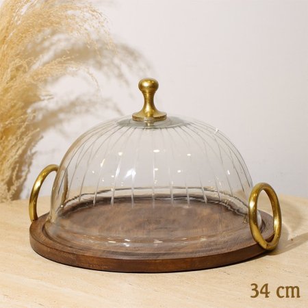 جاط كيك مدور 34سم 8239290 غطا زجاج محزز قاعدة خشب هندي بيدين حلقة %ه10