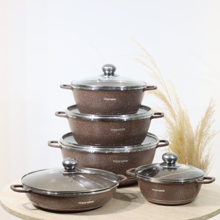 طقم طناجر سكب /10جرانيت 4طناجر ملون ( 20/24/28/32سم ) + مقلى 28سم DA801غطا زجاج مسكة يد ستانلس++ص5