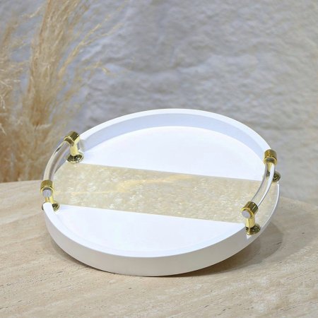 صينية جبص مدور 28سم ابيض وجه نصف اكرلك بيدين مقبض كرستال EL45/4 =ط57